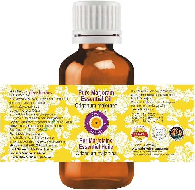 dève herbes Marjoram Essential Oil (Origanum majorana) Pure | Non-Sticky | Non-Greasy | Lightweight | Men & Women | All Skin Types | Steam Distilled 10ml (0.33 oz)