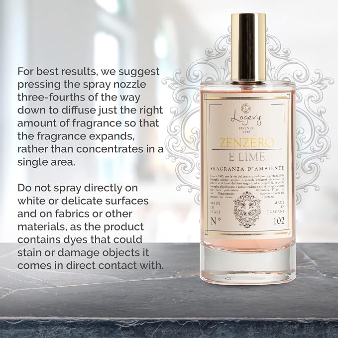 Logevy Firenze 1965 Zenzero e Lime – Ginger & Lime Luxury Home Fragrance Spray from Master Perfumer in Italy with Spicy, Floral & Fruity Notes to Captivate the Senses & Enliven any Room – 100ml