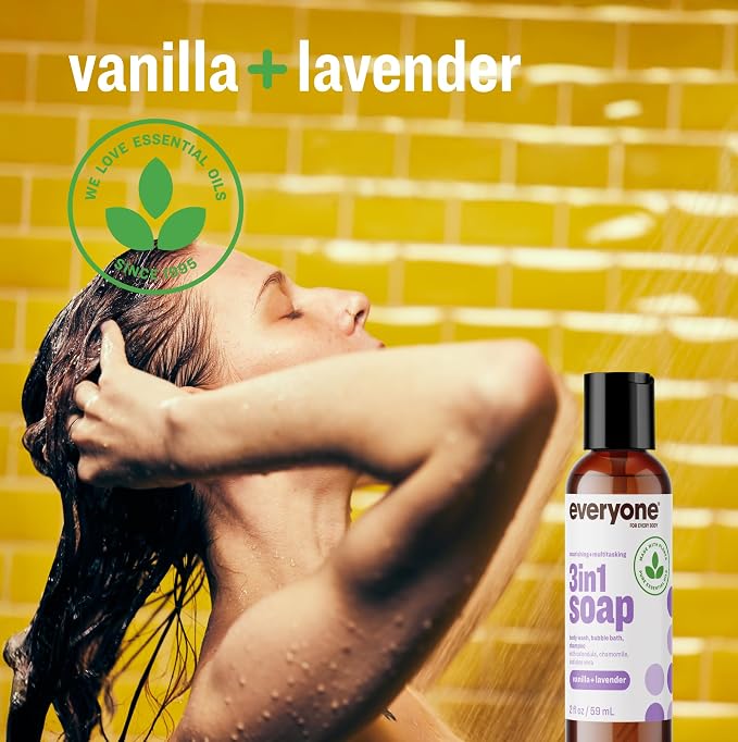 Everyone 3-in-1 Soap Body Wash, Bubble Bath, Shampoo, Travel Size, 2 Ounce (Pack of 12), Vanilla and Lavender, made with Essential Oils for Men and Women