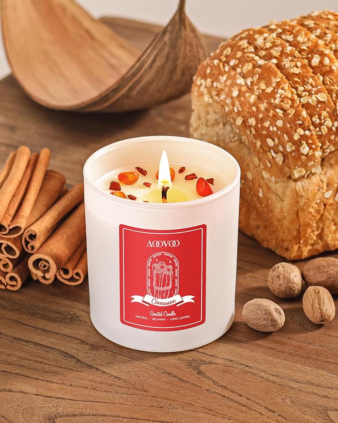 AOOVOO Cinnamon Scented Candles for Women - Aromatherapy Candle with Crystals Inside, 10oz Soy Candles for Home Scented, Birthday Gifts Valentines Day Candle for Women Mom