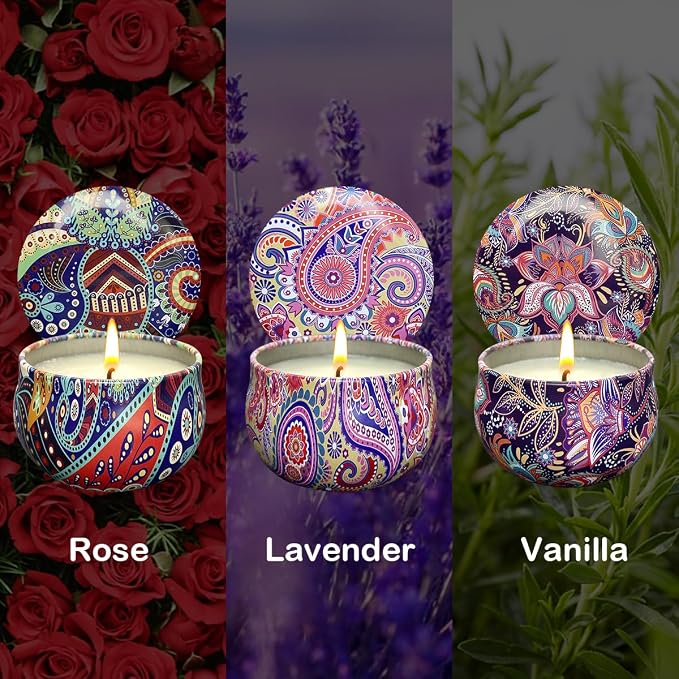 3 Pack Home Scented Candles - Strong Lavender, Vanilla & Rose Candle, 2.5 Oz, 100% Soy, Non-Toxic, Small Candle Set for Aromatherapy & Gifts, Baby Shower Prizes