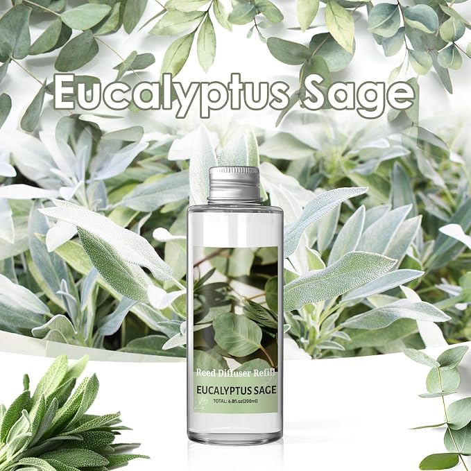 SCENTORINI Reed Diffuser Oil Refill, Eucalyptus Sage Diffuser Oil 6.76 Fl Oz, Natural Scented Essential Oil Refill Long Lasting Summer Home Fragrance for Room Spa Aromatherapy Bathroom Home Decor