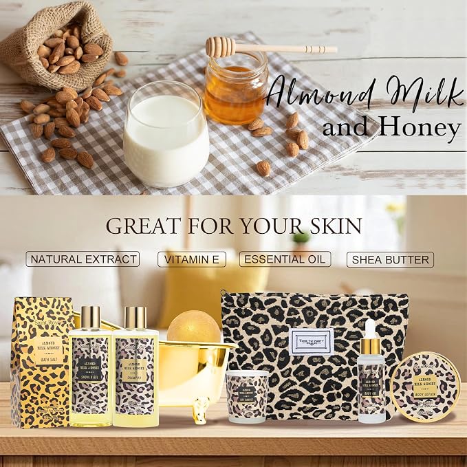 Spa Kit Gifts Basket for Women, Honey & Almond Bath & Body Gift Basket, Body Skin Care Set, Self Care Pampering Kit, Travel Multi Cosmetic Bag, Home Spa, Birthday, Mother Day, Bridal Shower