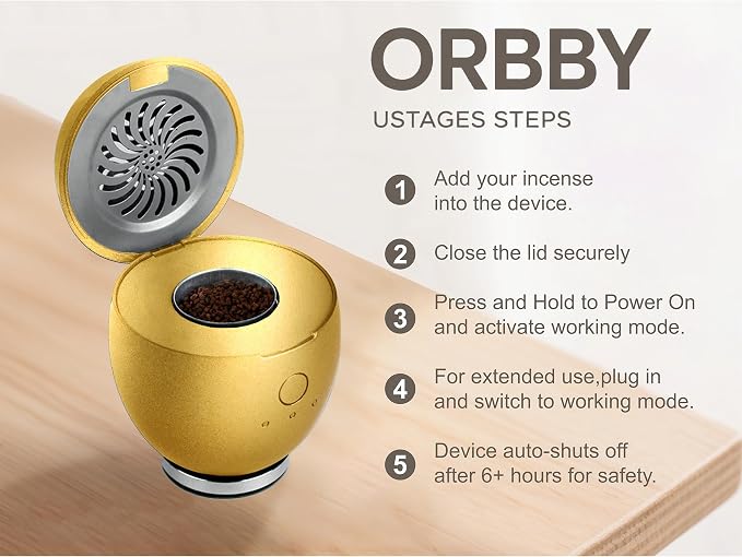 Orbby Scent Diffuser Starter Kit | Portable Small Desk Diffuser for Office: Electric Incense Device, Cordless Pet Safe Air Freshener for Home – Flameless (Gold with 1g Agarwood Pellets)
