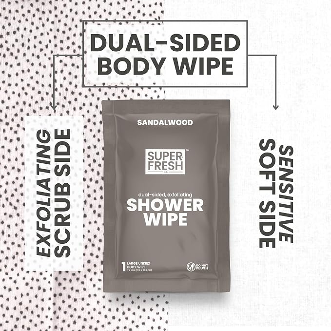 Super Fresh Shower Body Wipes, Travel Essentials for Camping, Large Sandalwood Wipes for Adults, Women, Men, Kids Personal Hygiene Cloth Enriched with Aloe and Vitamin E, Individually Wrapped 50 Pack