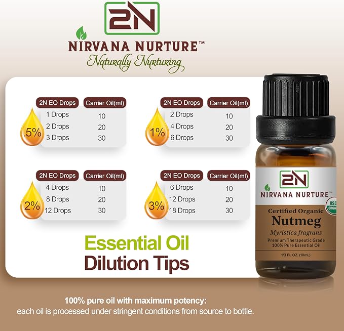Nutmeg Essential Oil, USDA Certified Organic, 100% Pure Undiluted, Aromatherapy Oil for Diffuser, Hair & Skin Care