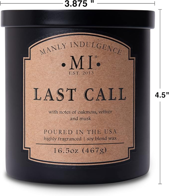 Manly Indulgence Last Call Scented Candles for Men, 2 Wick, 16.5 oz, Premium Soy Blend Wax, 60H Burn, Candles for Home Scented - Made in The USA