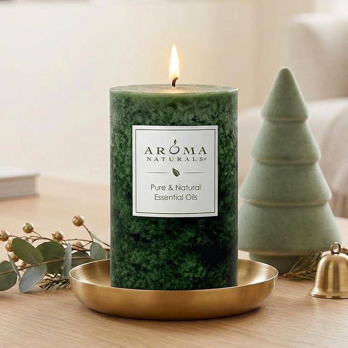Aroma Naturals Holiday Juniper, Spruce and Basil Essential Oil Pillar Candle, Fresh Forest, 2.5 inch x 4 inch