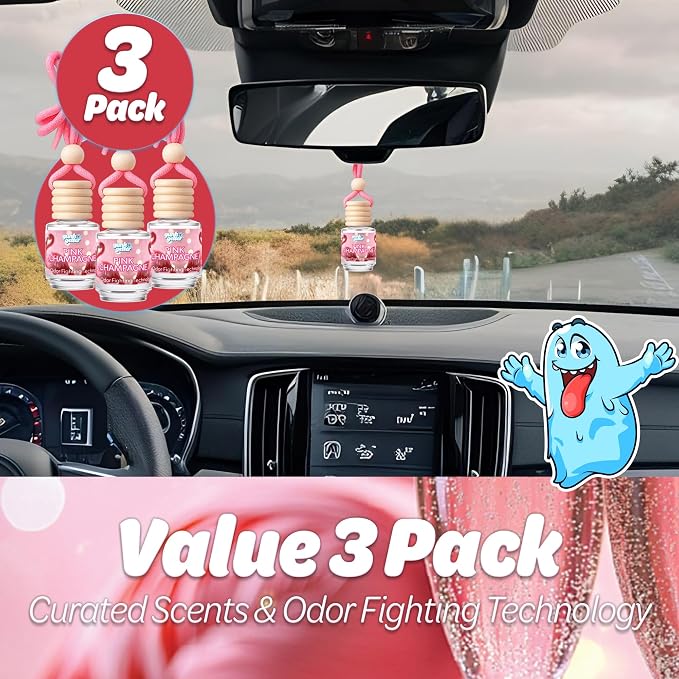 Hanging Air Freshener Car Diffusers - Long Lasting Scent, Odor Eliminator, Home Essentials, Fresh car fragrance diffuser - 3 Pack- Pink Champagne