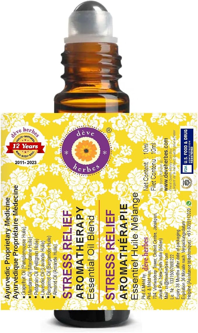 Deve herbes Stress Relief - Aromatherapy Essential Oil Blend of Lavender, Bergamot, Petitgrain, Mandarin & Grapefruit Essential Oils 10ml (0.33oz)