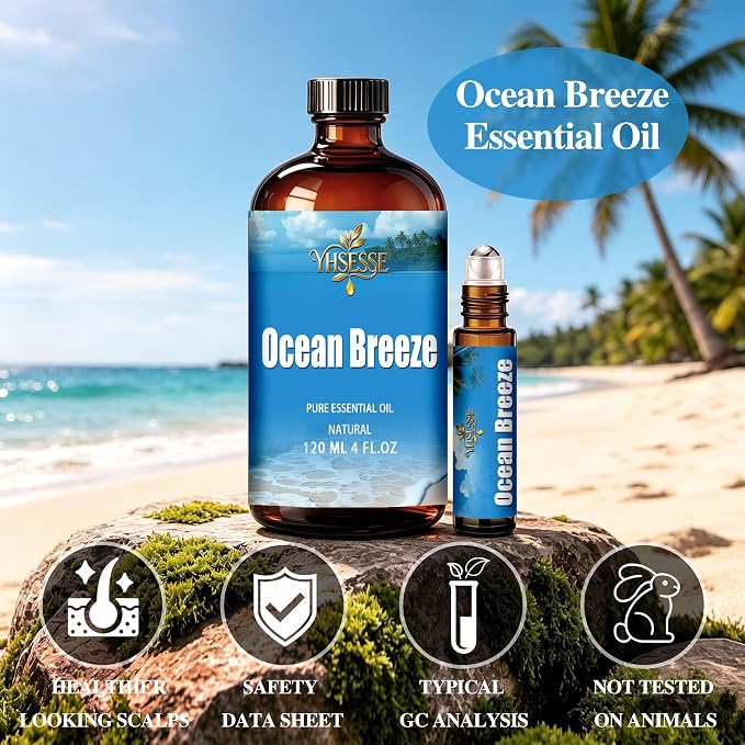 Ocean Breeze Essential Oil, Ocean Breeze Oil 4 Fl Oz 120ml for Diffuser Yoga Soap & Candle Making – with 0.33 Oz Roller Ball & Dropper YHSESSE Essential Oils