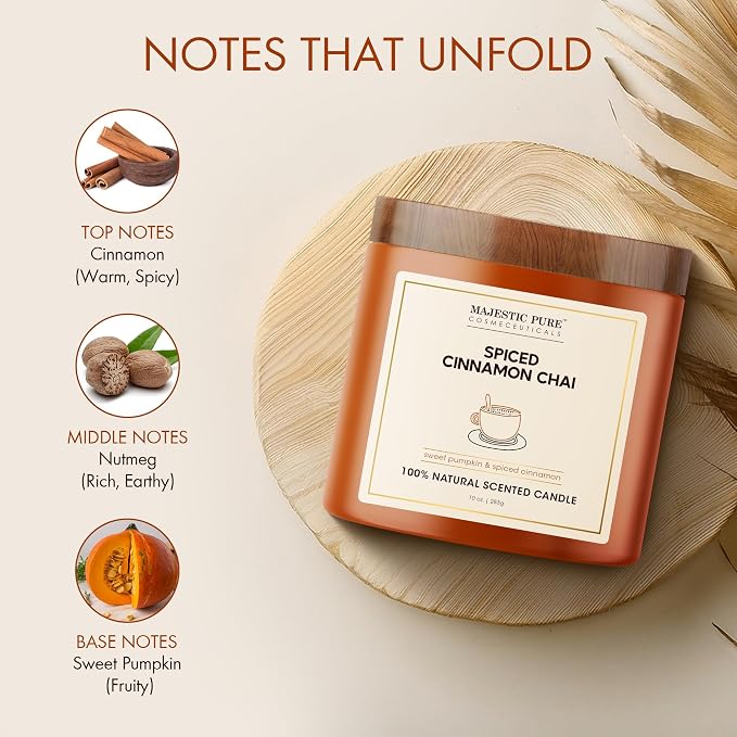 Majestic Pure Pumpkin Cinnamon Scented Candle with Upto 45+ Hrs Burn Time, 2-Wick Candle, Soy Wax Blend for Cleaner Consistent Burn, 10 oz Jar Candle with Room Filling Fragrance, Spiced Chai
