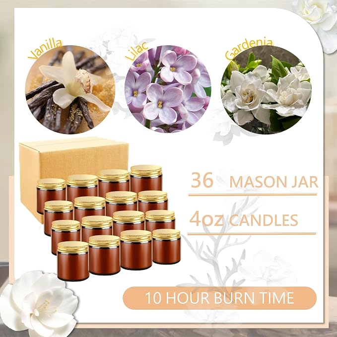 ACITHGL 36 Pcs 4oz Mini Mason Jar Candles Small Scented Candles Bulk Aromatherapy Ideal Souvenir Favors for Wedding Birthday Party (Vanilla, Lilac, Gardenia, Amber)