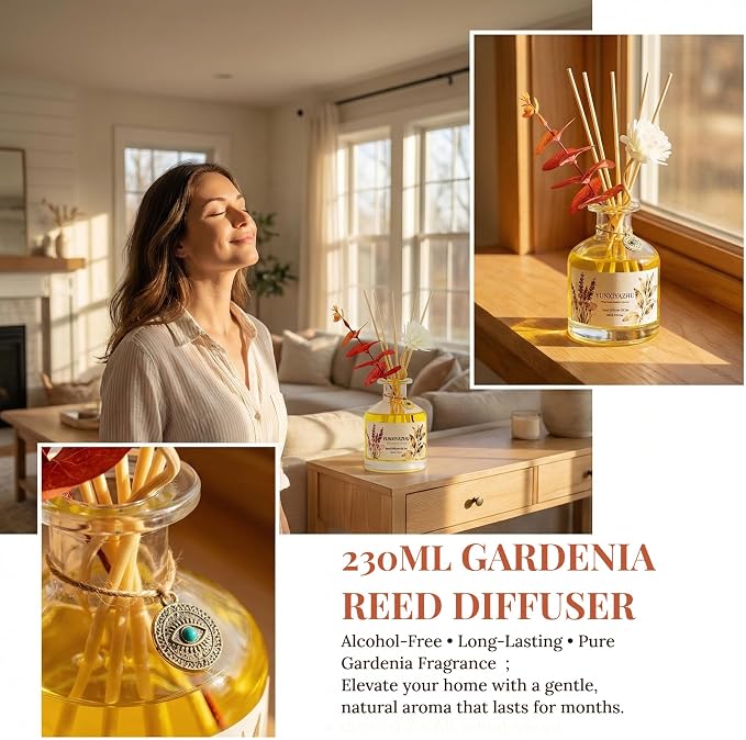 Reed Diffuser, Gardenia,7.78 fl oz, Oil-Based Home Diffuser with Long-Lasting Luxury Fragrance, Elegant Decorative Glass Bottle & Aroma Sticks,Perfect for Living Rooms, Bedrooms,Bathrooms