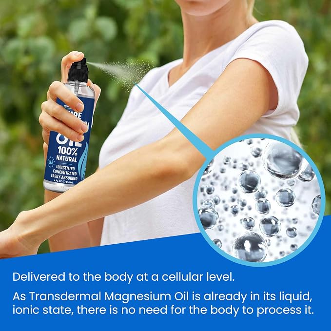 Pure Magnesium Oil Spray 4oz - Topical Magnesium Spray for Sleep & Feet - Extra Strength - USP Grade - 100% Natural and Organic Oil for Muscle Pain & Cramps - Less Sting - Less Itch - Made in USA