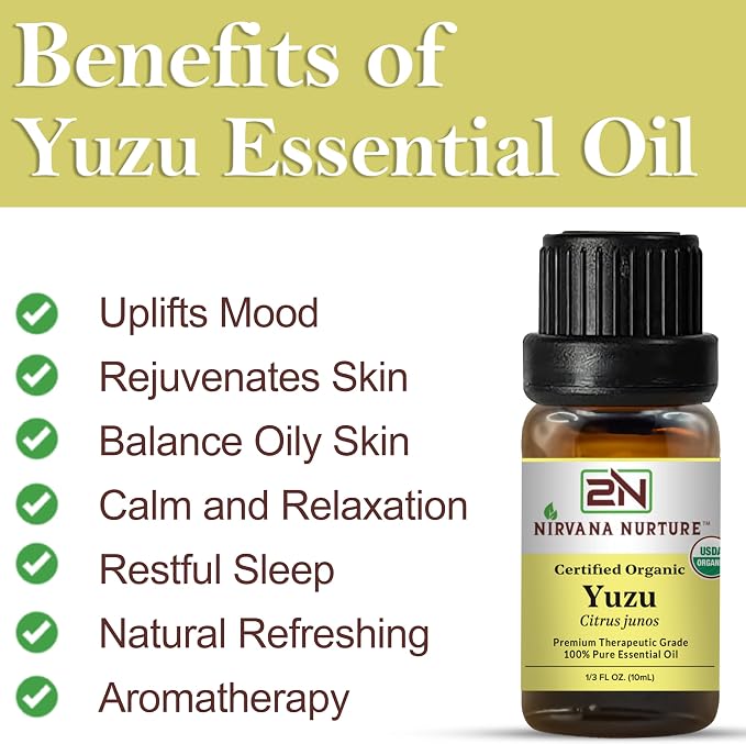 Yuzu Essential Oil, USDA Certified Organic, 100% Pure Undiluted, Aromatherapy Oil for Diffuser, Hair & Skin Care