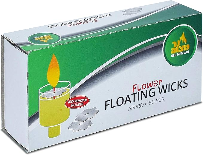 Ner Mitzvah Flower Shaped Floating Wicks - 50 Count (Approx.), Cotton Wicks and Cork Disc Holders for Oil Cups - Bonus Wick Removal Tweezers