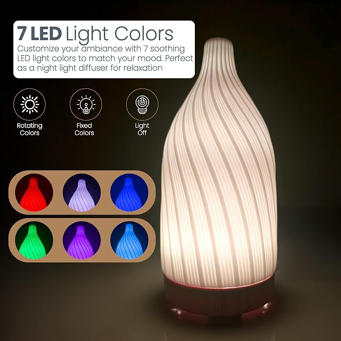 Ceramic Essential Oil Diffuser – 100ml Handcrafted Ultrasonic Aroma Diffuser with 7 LED Colors, Auto Shut-Off When No Water & Quiet Operation – Stone Diffuser for Home, Office & Bedroom