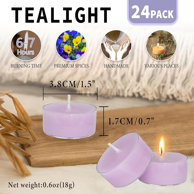 Violet Scented Tealight Candles, Purple Scent Tea Lights Candles Clear Cup, 24 Pack Colored Tealights Candle, 6 Hour Burn Time Tea Candles for Party, Decor, Spa, Shabbat