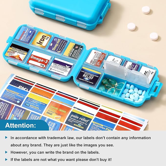 14 Grids Travel Pill Organizer Box with 415-Pcs Medicine Name Labels - Pocket Daily Pharmacy Case Container Kit - Travel Medication Holder Dispenser for Fish Oil Vitamin Supplement Storage - Blue