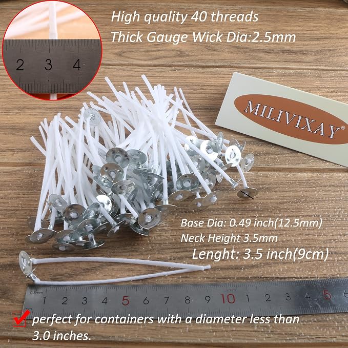MILIVIXAY 3.5" Candle Wick Bundle: 100PCS Candle Wicks, 100PCS Candle Wick Stickers and 6PCS Wooden Candle Wick Holders - Wicks Coated with Paraffin Wax, Cotton Wicks Kits for Candle Making.