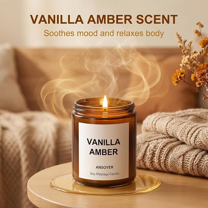 Massage Candle for Relaxation – 7oz Massage Oil Candle with Sweet Almond Oil – (Vanilla Amber)