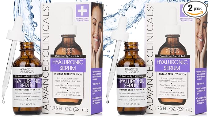 Advanced Clinicals Hyaluronic Acid Serum For Face | Moisturizing Facial Skin Care Products | Hydrating Serum For Face Helps Improve Look Of Wrinkles, Fine Lines, & Uneven Dry Skin Texture, 2-Pack