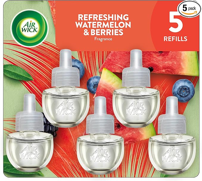 Air Wick Plug in Scented Oil Refill, 5 ct, Fresh Watermelon & Berries, Air Freshener, Essential Oils, Spring Collection