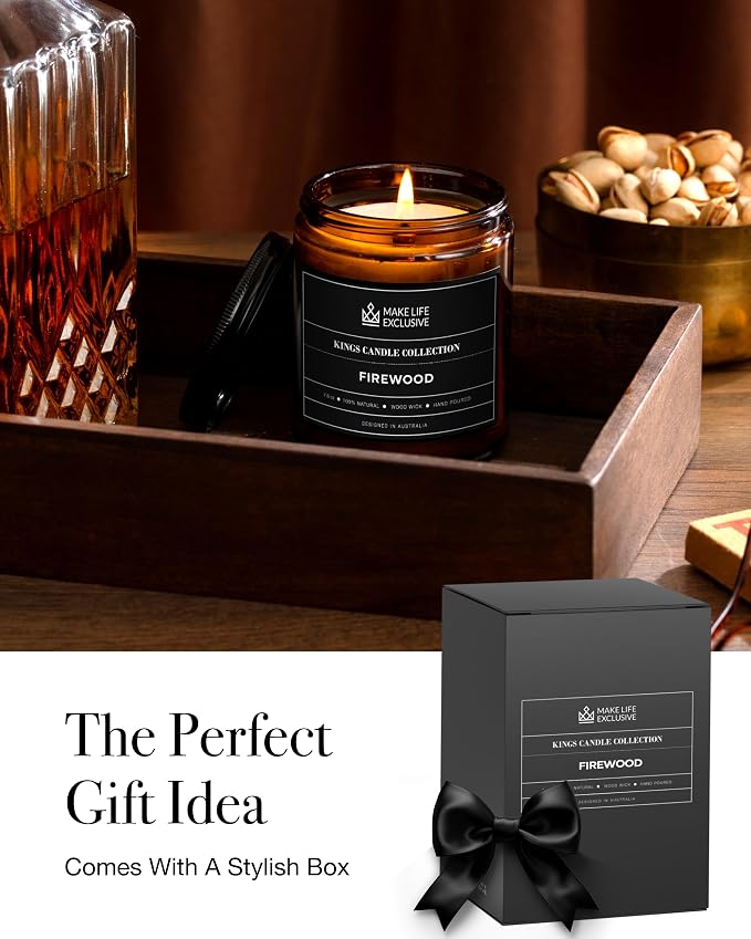 Scented Candles for Men | Firewood & Campfire Scented|Wooden Wick, Long Lasting, Masculine Scents | Natural Soy Jar Candle for Home, Bachelor Pad Decor | The Perfect Mens Gift.