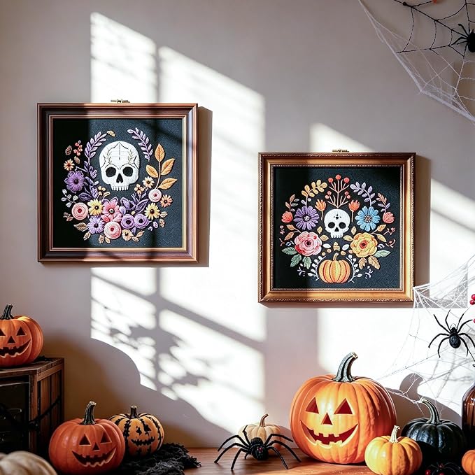 FONNUY Halloween Embroidery Kits for Beginners,Skull Pumpkin Spider Web Floral Stamped Cross Stitch Kit for Adults, Spooky Season Boho Wall Decor, 8'' Hoop (Skull 3)
