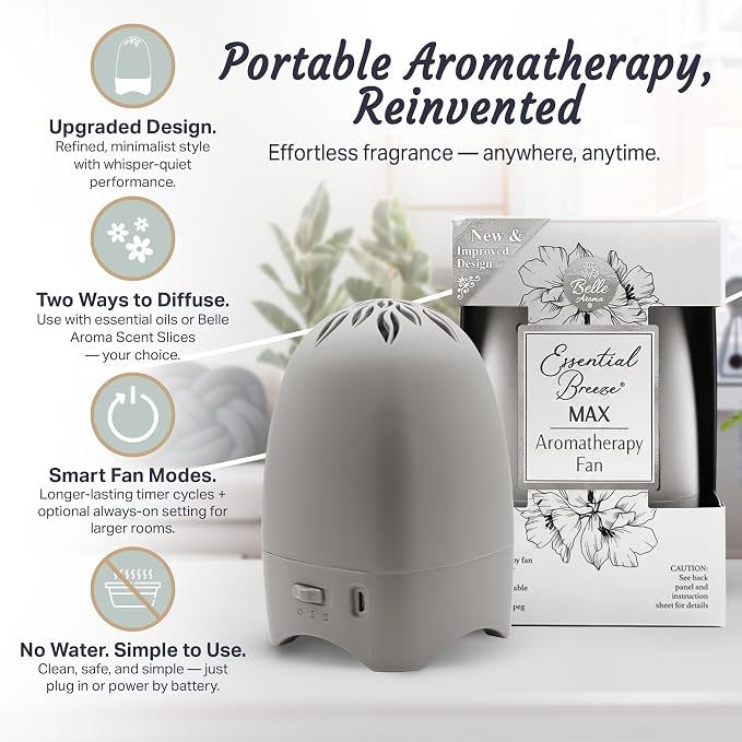 Belle Aroma Essential Breeze Max Aromatherapy Fan – Upgraded Dry Diffuser for Essential Oils or EVA Inserts – Battery or USB Powered – 30-Day Scent – No Water – for Desk, Travel, or Car - Linen