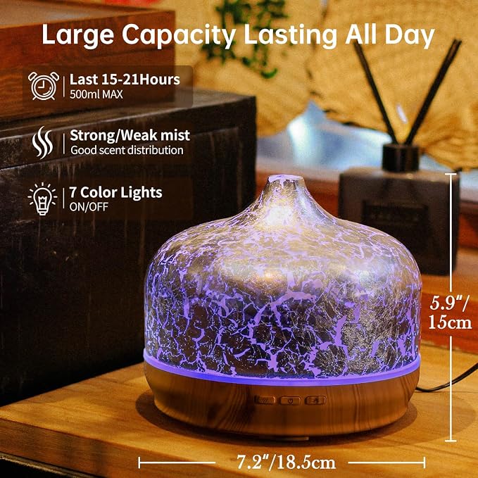 Porseme 500ml Glass Essential Oil Diffuser Aromatherapy Ultrasonic Cool Mist Humidifier 15-21 Running Hours Waterless Auto-Off Air Diffusers for Sleeping Yoga Working Spa(Silver Plated)