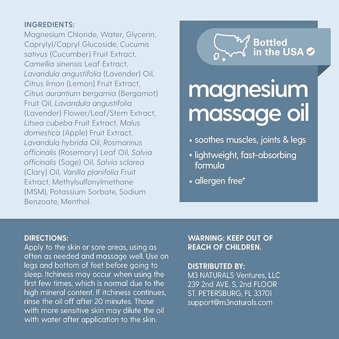 Magnesium Massage Oil for Sore Muscles, Feet, Joints and Leg Cramps, Helps with Sleeping and Post-Workout Recovery, for Sensitive Skin, 8 fl oz by M3