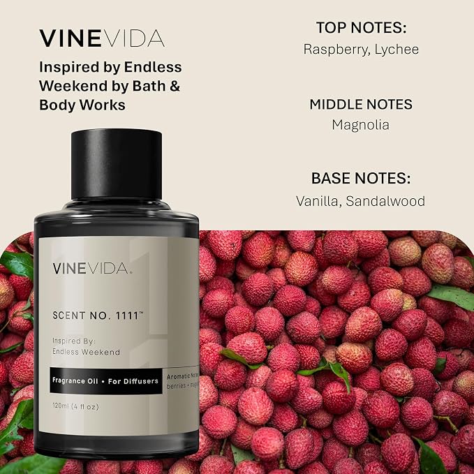 VINEVIDA [4 Fl Oz] Scent NO. 1111 Fragrance Oil for Cold Air Diffusers, Aromatic Notes of Raspberry Magnolia Vanilla, Essential Oils for Diffuser Oil Refill & Air Freshener Room Spray