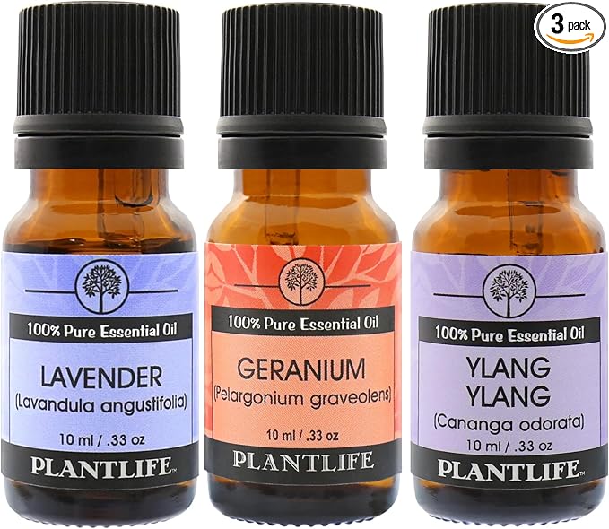 Plantlife Flower 3-Pack (Lavender, Geranium, and Ylang Ylang) Aromatherapy Essential Oil Set - Straight from The Plant 100% Pure Therapeutic Grade - No Additives or Fillers - Made in California 10 ml
