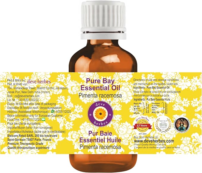 dève herbes Bay Essential Oil (Pimenta racemosa) Pure | Non-Sticky | Non-Greasy | Lightweight | Men & Women | All Skin Types | Steam Distilled 30ml (1 oz)