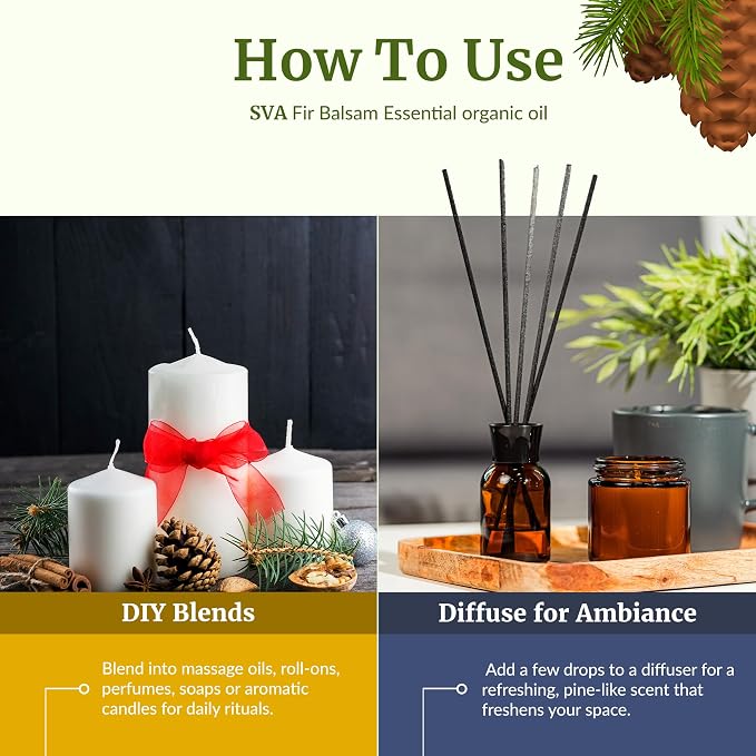 SVA Fir Balsam Essential Oil Organic – 1 Fl Oz – 100% Natural Organic Fir Oil - for Diffuser, Hair Care, Face, Skin Care, Aromatherapy, Scalp and Body Massage, Soap and Candle Making – with Dropper