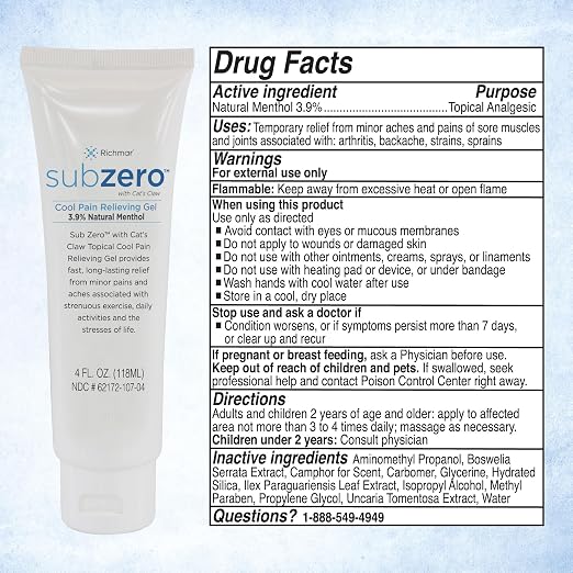 Sub Zero Cooling Pain Relief Gel, 4oz Tube - Joint Relief and Nerve Pain Relief Cream for Muscle Deep Pain Relief and Arthritis Relief