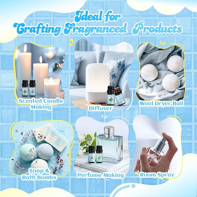 Clean Fragrance Oils Set,Gifts for Mom,10 Premium Essential Oils Set for Diffuser, Soap & Candle Making, Dryer Ball,Home Fragrance,Fresh Cotton, Fresh Clean Air, April Clean and More 10x5ml Scent Oil