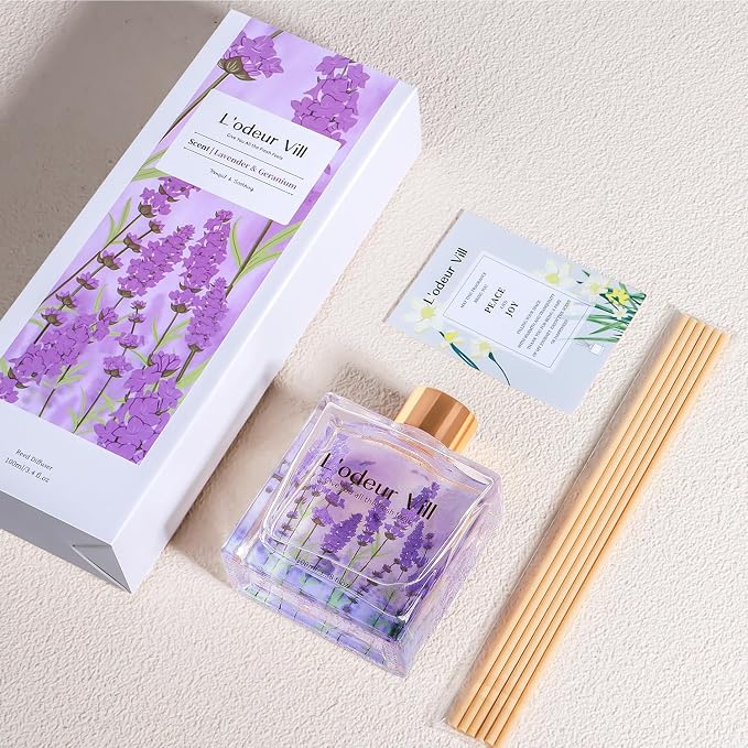 L'odeur Vill Reed Diffuser Set/Lavender Geranium/3.38 fl.oz（100ML）/1 Pack with 6 Reed Sticks/Home Fragrance Diffuser, Oil Scent Diffuser for Bathroom Shelf Decor.