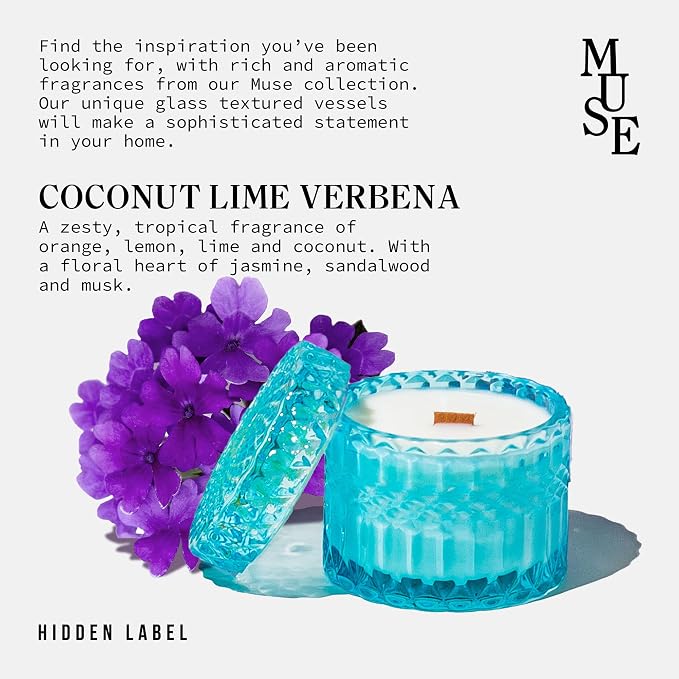 Coconut Lime Verbena Scented Candle, Crackling Wood Wick Soy Candles, Muse Collection 7.4oz Natural Soy Wax Non Toxic, Candle Gifts for Women