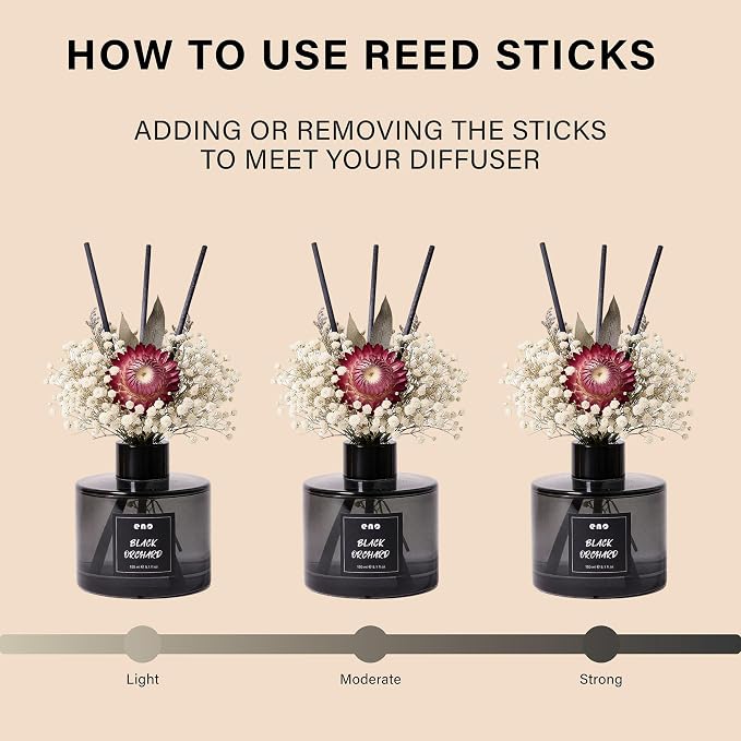 Reed Diffuser Set with Dried Flowers, 5.1 fl oz / 150ml, Black Orchard - Home Fragrance Diffuser with Sticks for Bathroom Shelf Decor, Bedroom, Office & Gift
