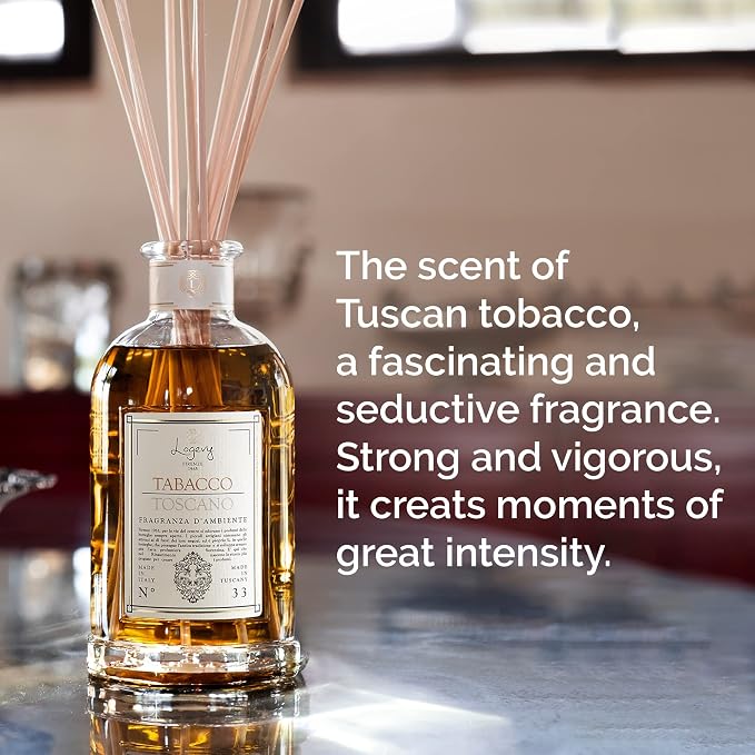 Logevy Firenze 1965 Tabacco Toscano – Tuscan Tobacco Luxury Home Fragrance Diffuser from Master Perfumer in Italy with Sweet Musky Notes in Elegant Glass Bottle with 10 Natural Bamboo Reeds – 250ml