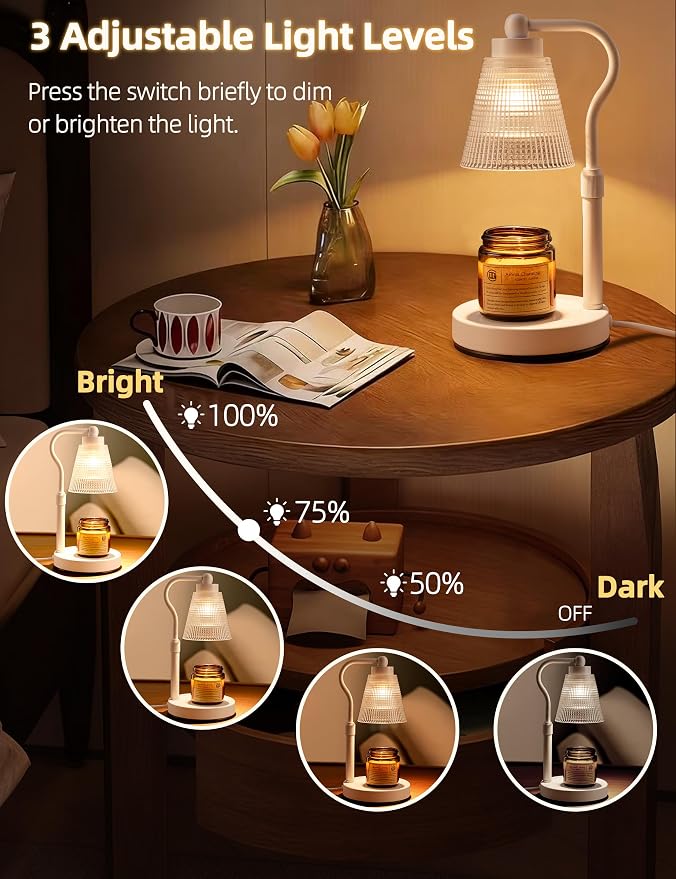 Candle Warmer Lamp for Jar Candles, Height Adjustable & Dimmable with 2/4/8H Timer, 2*50W Halogen Wax Melter Warmer for Home Office Décor, Flameless & Smokeless, Gift for Women Mom,White-Clear/1 Pack