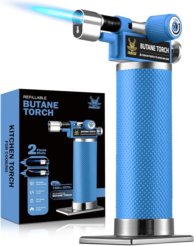 RAVS DUAL Flame Mode Butane Torch, Refillable Kitchen Torch Lighter for Creme Brulee, BBQ, DIY Soldering with Adjustable Flame & Safety Buckle, Metal Body, Blue Soldering Torch, Butane is Not Included