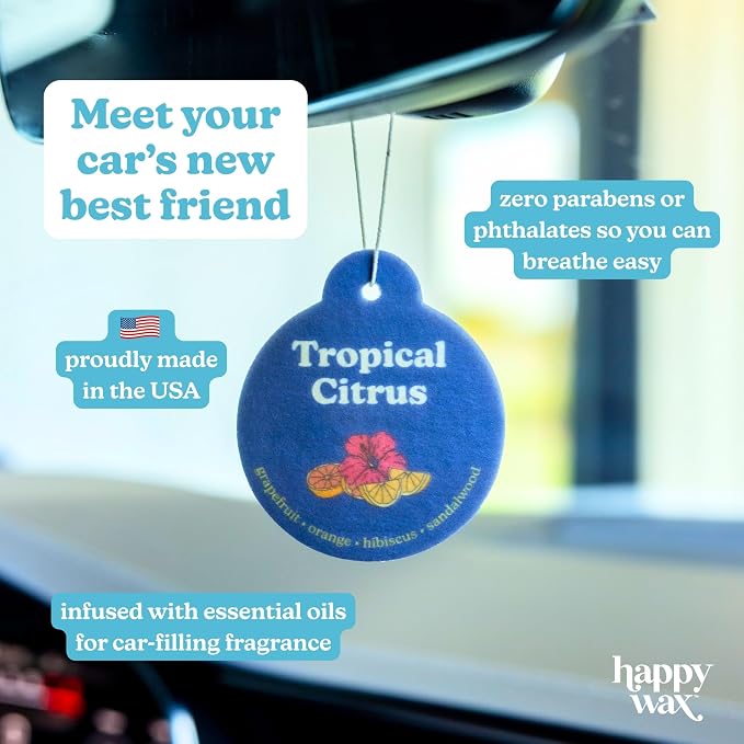 Happy Wax Vanilla Sandalwood Car Charms 4-Pack - Scent Notes: Vanilla, Vetiver, Patchouli and Cedarwood