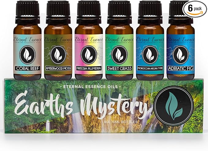 Eternal Essence Oils Earths Mystery Set of 6 Premium Fragrance Oils - Includes Freesia Plumeria, Sweet Grass, Amberwood Moss, Adriatic Fig, Moroccan Argan Type, and Coral Reef Scented Oils - 10ML