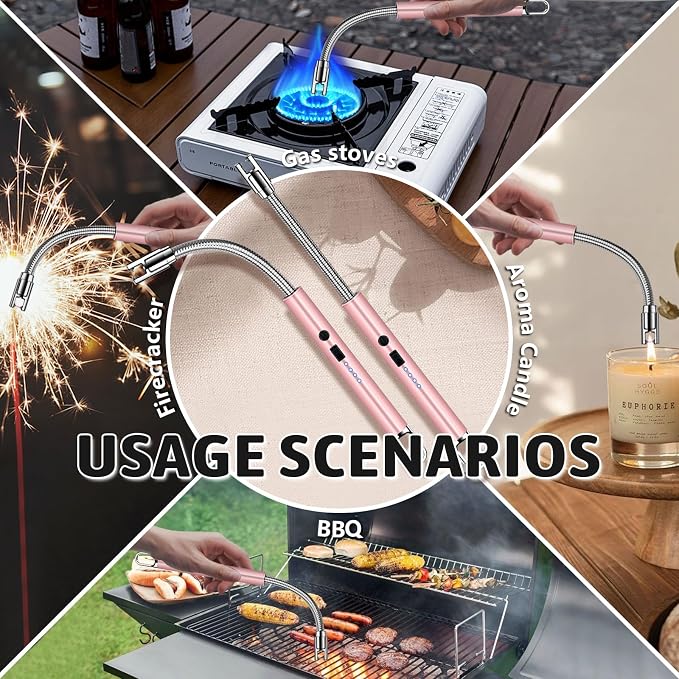 2 Pack Electric Candle Lighters, USB Rechargeable Lighter with Windproof Flameless & Extended Handle, Suitable for Candles, BBQ, Camping, Gas Stove, Festivals Gift (Pink, 2 Packs-A)