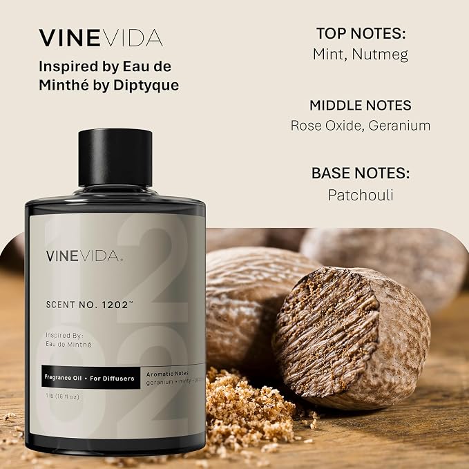 VINEVIDA [16 Fl Oz] Scent NO. 1202 Fragrance Oil for Cold Air Diffusers, Aromatic Notes of Mint, Nutmeg, Rose Oxide & Patchouli Essential Oils for Diffuser Oil Refill & Air Freshener Room Spray