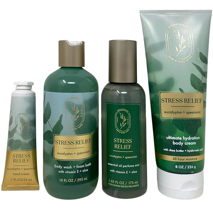 Bath & Body Works Aromatherapy Stress Relief Eucalyptus Spearmint - Body Cream, Body Wash & Foam Bath, Essential Oil Perfume Mist and Hand Cream - with a Fresh Forest Bar Soap
